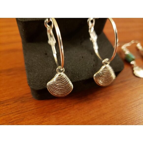 Natural Turquoise Earrings Etched Sea Shell Beach Hoop Dangle Drop 2 Pair Set - Picture 3 of 6